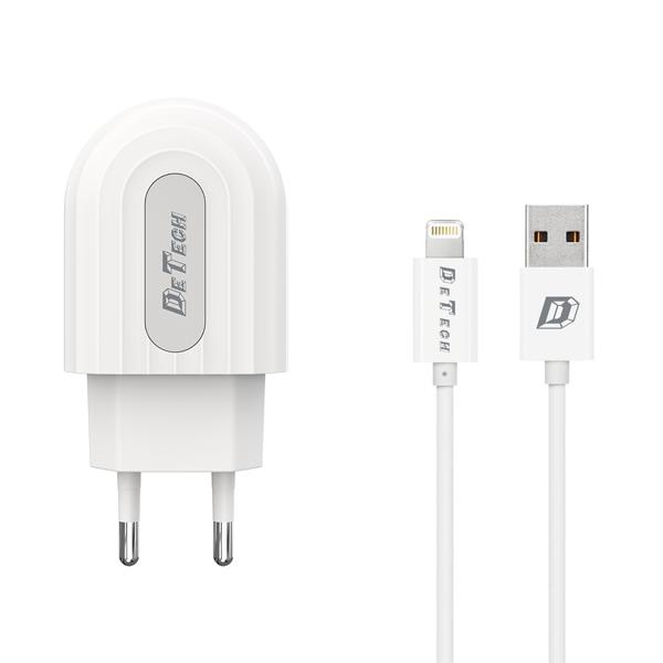 Φορτιστής δικτύου, DeTech, DE-28i, 5V/2.4A, 220V, Universal, 1 x USB, καλώδιο Lightning, 1.0m, λευκό - 14134