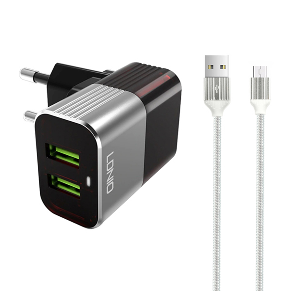 Φορτιστή LDNIO A2206, 5V 2.4A, 2xUSB, με καλώδιο Micro USB, Γκρί - 14739