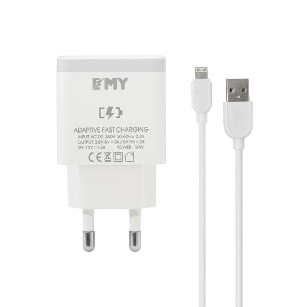 Φορτιστής δικτύου EMY MY-A301Q, Quick Charge 3.0, Lightning Cable, λευκό - 14960