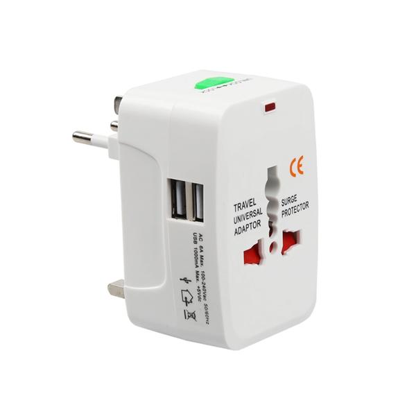 Universal travel adapter - charger No brand, 2xUSB, 1.0A, EU/US/UK/AU to EU/US/UK/AU, 220V, White - 17708