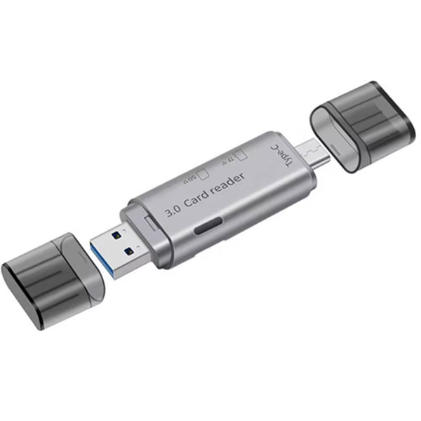 Card reader DeTech, USB Type-C - USB 3.0 OTG, SD, TF, Silver- 17854