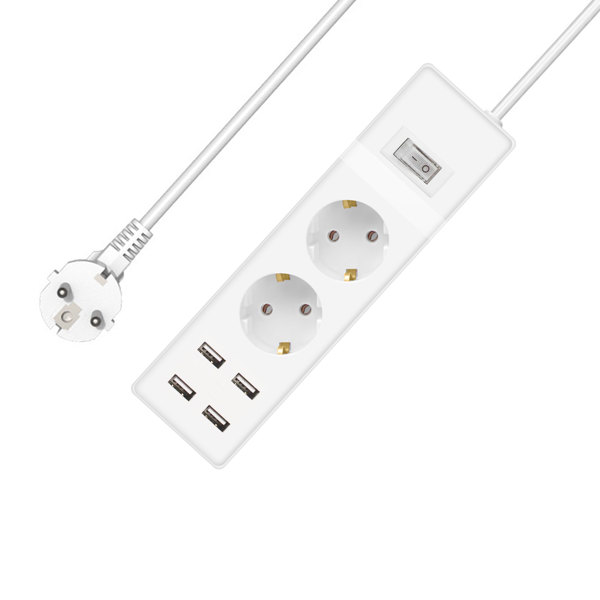 Πολύπριζο No brand, 2 Θέσεων, 250V, 16A, Καλώδιο, 1.5m., 4 x USB F, Με διακόπτη, Ασπρο - 17883