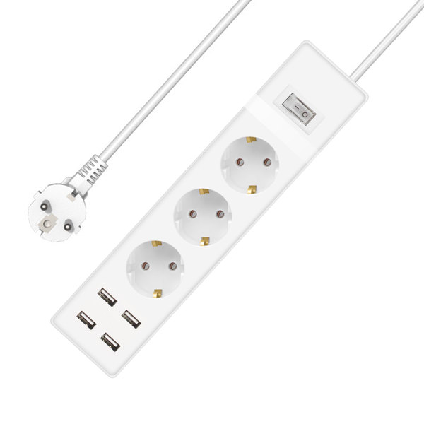 Πολύπριζο No brand, 3 Θέσεων, 250V, 16A, Καλώδιο, 1.5m., 4 x USB F, Με διακόπτη, Ασπρο - 17885