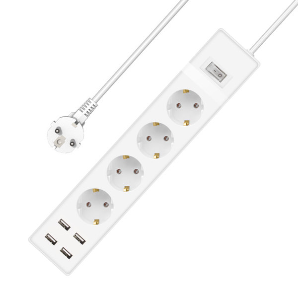 Πολύπριζο No brand, 4 Θέσεων, 250V, 16A, Καλώδιο, 3m., 4 x USB F, Με διακόπτη,Ασπρο - 17888