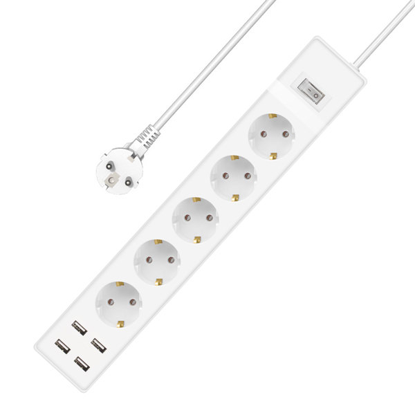 Πολύπριζο No brand, 5 Θέσεων, 250V, 16A, Καλώδιο, 3m., 4 x USB F, Με διακόπτη, Ασπρο - 17890