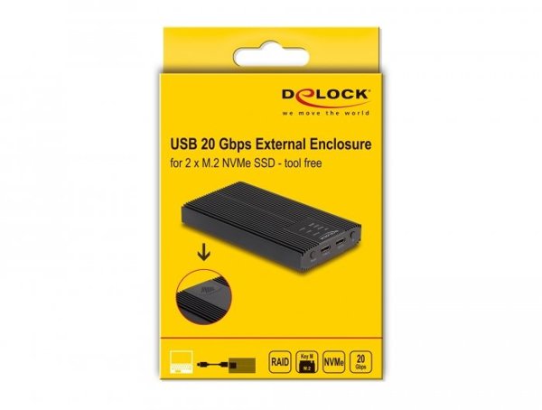 Delock Externes Gehäuse USB 20 Gbps für 2 x M.2 NVMe PCIe SSD mit USB Type-C™ Buchse und RAID - werkzeugfrei