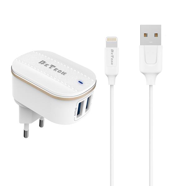 Φορτιστής δικτύου, DeTech, DE-15i, 5V/3.1A, 220V, Universal, 2 x USB, καλώδιο Lightning, 1.0m, λευκό - 40097