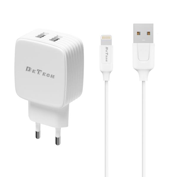 Φορτιστής δικτύου, DeTech, DE-33i, 5V/2.4A, 220V, Universal, 2 x USB, καλώδιο Lightning, 1.0m, λευκό - 40101