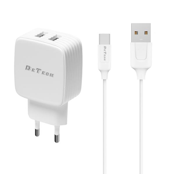 Φορτιστής δικτύου, DeTech, DE-33C, 5V/2.4A, 220V, Universal, 2 x USB, καλώδιο Type-C, 1.0m, λευκό - 40102