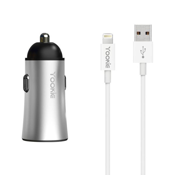 Φορτιστής αυτοκινήτου Yookie PC1, 5V/2.4A, 12/24V, Με Lightning καλώδιο, 2 x USB, Διαφορετικα χρωματα - 40135