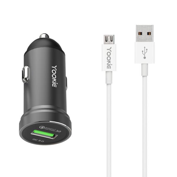 Φορτιστή αυτοκινήτου Yookie PC2, Quick Charge 3.0, 1xUSB, με καλώδιο Micro USB, Διαφορετικα χρωματα - 40137
