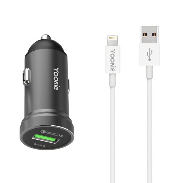 Φορτιστή αυτοκινήτου Yookie PC2, Quick Charge 3.0, με καλώδιο Lightning, Διαφορετικα χρωματα - 40138