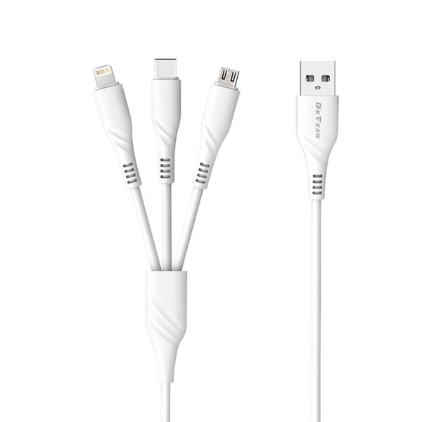 Καλώδιο φόρτισης DeTech DE-C40, 3in1, Type-C, Micro USB, Lightning, 1.2m, Λευκο - 40203