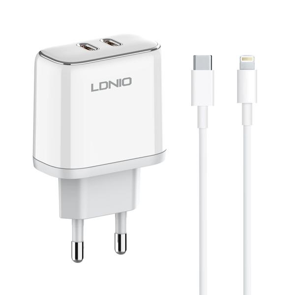 Φορτιστής δικτύου LDNIO A2528M, MFi, 35W, 2 x Type-C F, PD, Καλώδιο Type-C to Lightning, λευκό - 40280
