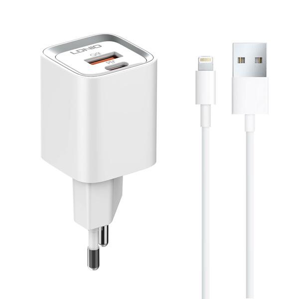 Φορτιστής δικτύου LDNIO A2318C, 20W, 1 x Type-C F, 1 x USB F, PD, QC, Καλώδιο Lightning, λευκό - 40290