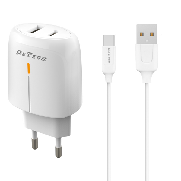 Φορτιστής δικτύου DeTech DE-31C, 20W, καλώδιο Type-C, 1 x Type-C F, 1 x USB F, PD, λευκό - 40321