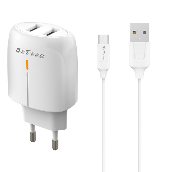 Φορτιστής δικτύου DeTech DE-32QCM, 18W, καλώδιο Micro USB, 2 x USB F, QC, λευκό - 40325