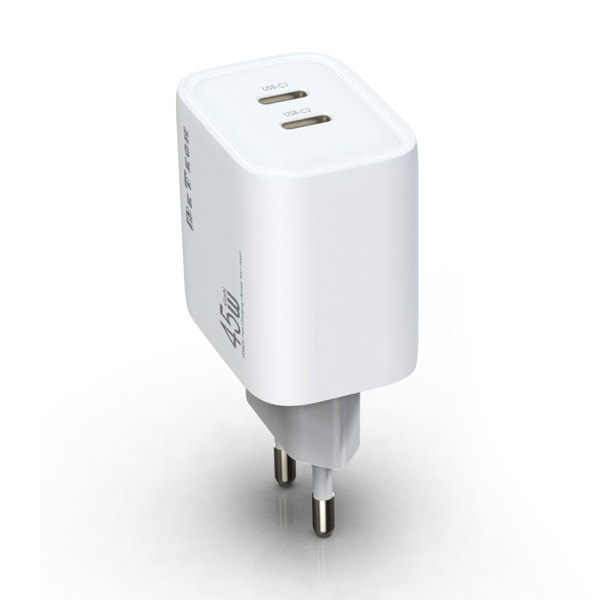 Φορτιστής δικτύου DeTech DE-PD, 45W, GaN, 2 x Type-C F, PD, λευκό - 40340