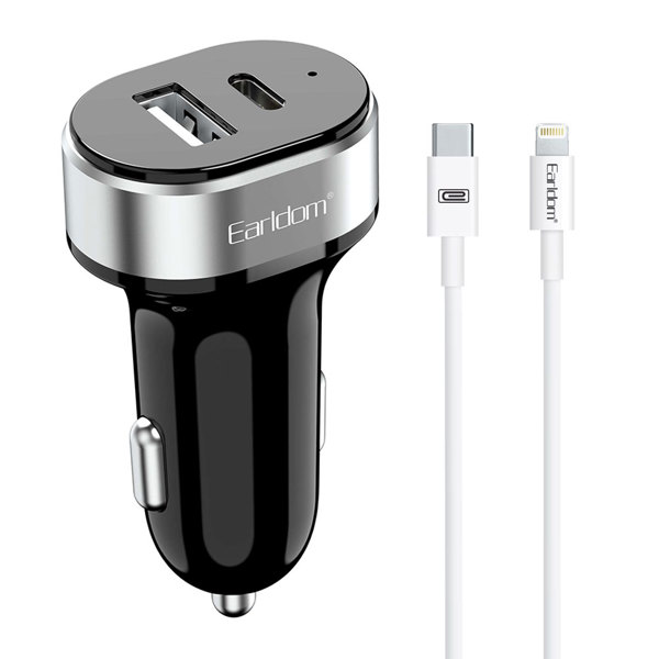 Φορτιστή αυτοκινήτου Earldom ES-CC14, 1xUSB, 1xType-C, με καλώδιο PD Lightning, Μαυρο - 40355