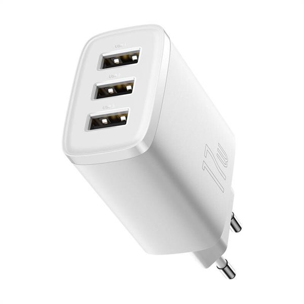 Network charger Baseus Compact 3U, 17W, 3 x USB F, White - 40412