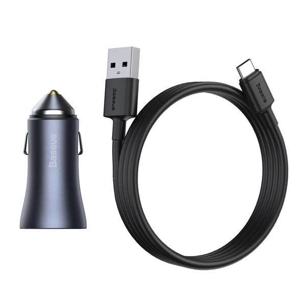 Car socket charger Baseus Golden Contactor Pro, 40W, USB, Type-C, With Type-C cable, Gray - 40508