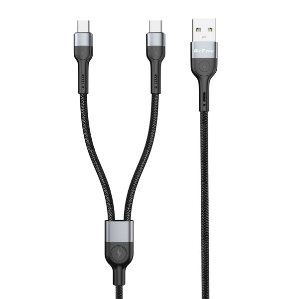 Καλώδιο φόρτισης DeTech DE-52UCC, 2 in 1, USB - 2хType-C, 1.0m, Black - 40517