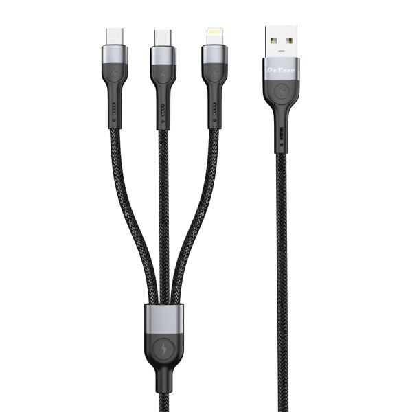 Καλώδιο φόρτισης DeTech DE-52UCL, 3 in 1, USB - 2хType-C, Lightning, 1.0m, Black - 40518