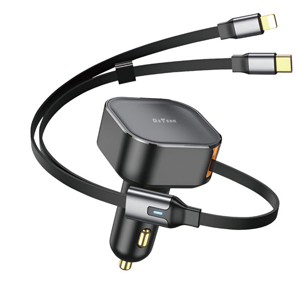 Car socket charger DeTech DE-C53, Type-C, Lightning Cable, 30W, Black - 40519