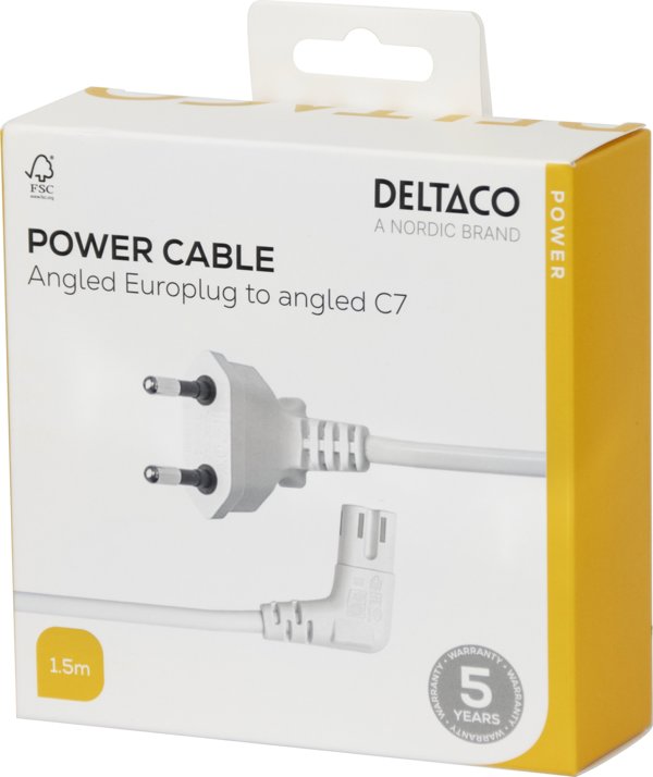 DELTACO ungrounded device cable, 0.5m, angled CEE 7/16, IEC 60320,whit