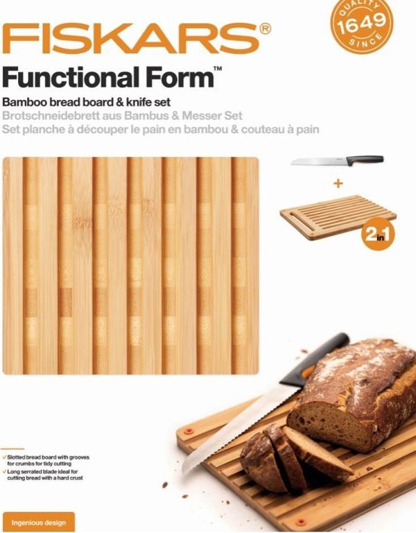 Fiskars Ξύλινη Επιφάνεια Κοπής Μπαμπού Functional Form Με Μαχαίρι Ψωμιού, 35x25x1.5cm