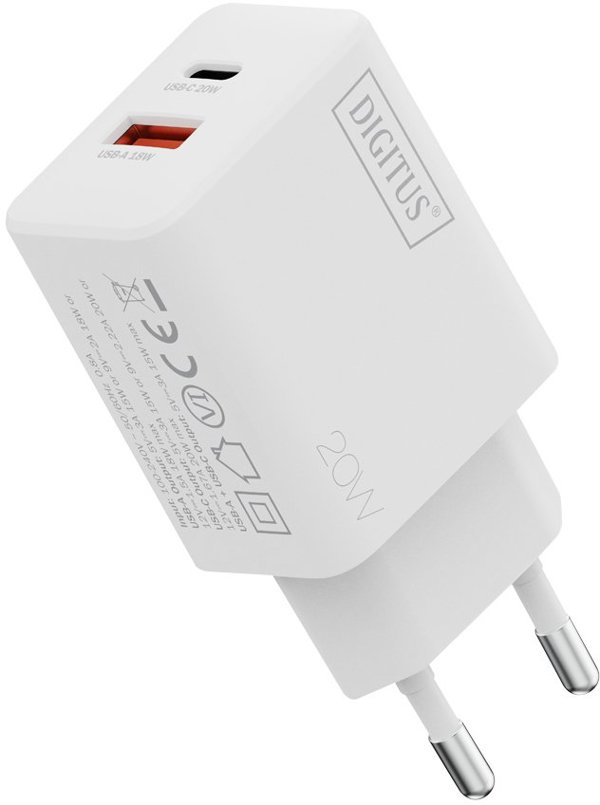 DIGITUS USB Ladeger�t 20W 1x USB-C 1x USB-A Weiss