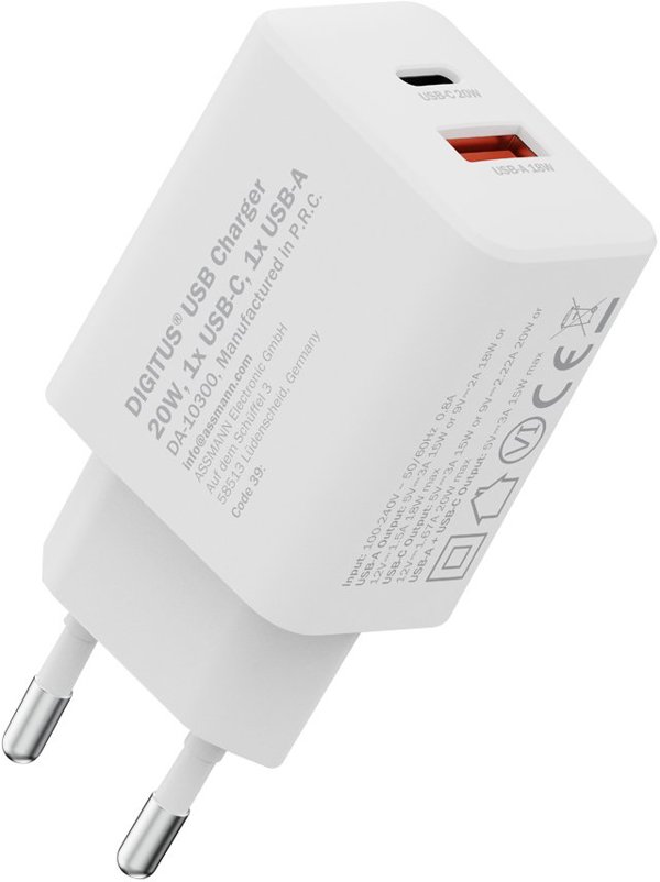 DIGITUS USB Ladeger�t 20W 1x USB-C 1x USB-A Weiss