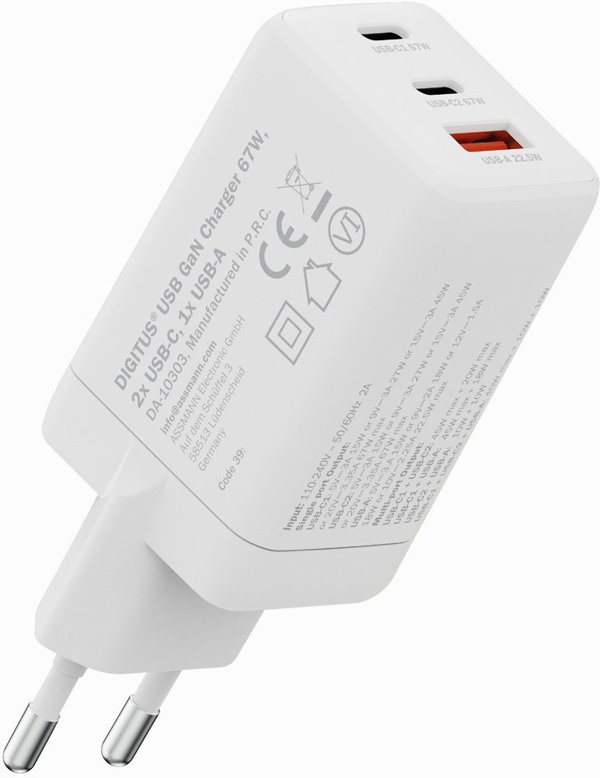 DIGITUS USB GaN Ladeger�t 67W 2x USB-C 1x USB-A Weiss