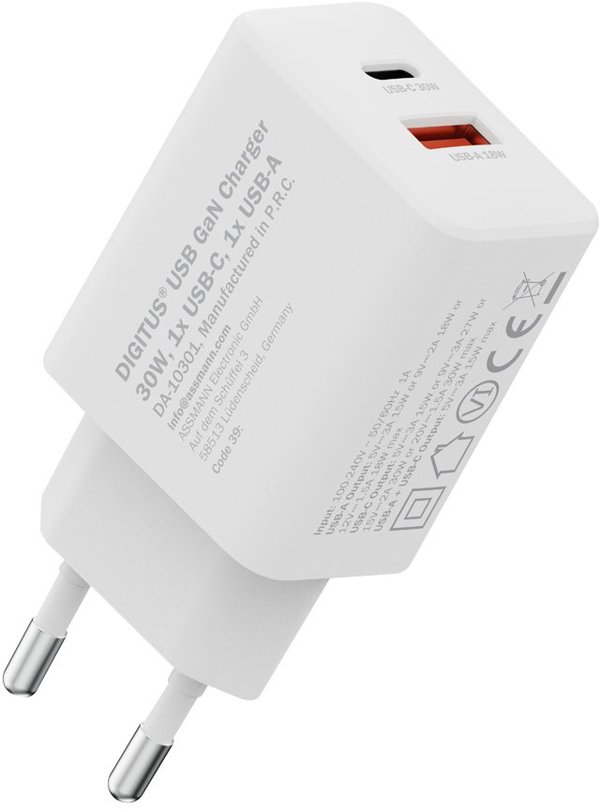 DIGITUS USB GaN Ladeger�t 30W 1x USB-C 1x USB-A Weiss