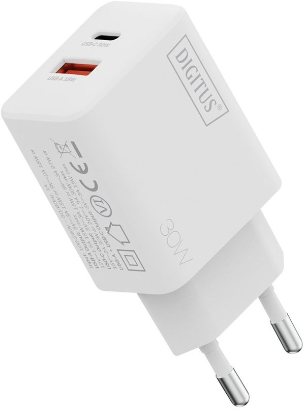 DIGITUS USB GaN Ladeger�t 30W 1x USB-C 1x USB-A Weiss