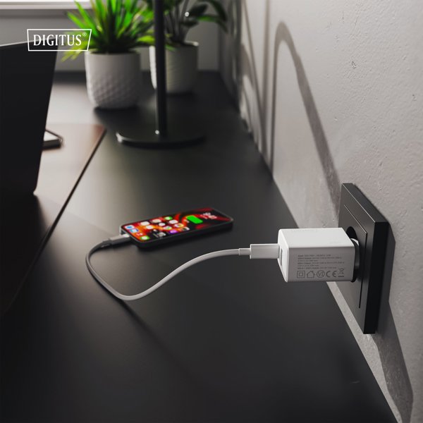 DIGITUS USB GaN Ladeger�t 30W 1x USB-C 1x USB-A Weiss