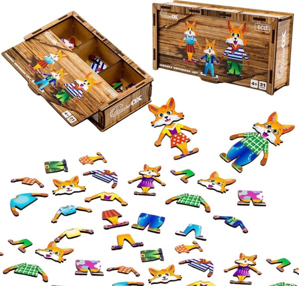 Ξύλινο Παζλ Γρίφος Puzzle Αλεπούδες Στοιχεία Τουβλάκια Σχήματα 21 Τεμ. PuzzleOK-42121