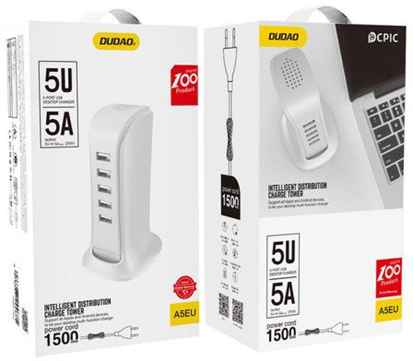 Dudao φορτιστής δικτύου 5x USB με ενσωματωμένο καλώδιο, λευκό (A5EU)