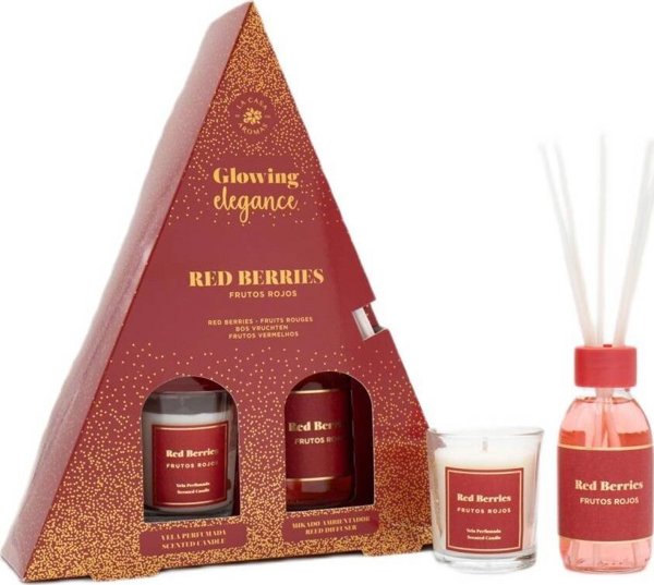 Beliani Αρωματικός Διαχύτης Glowing Elegance με Αρωματικά Στικ Κόκκινα Φρούτα 95ml & Αρωματικό Κερί 120g