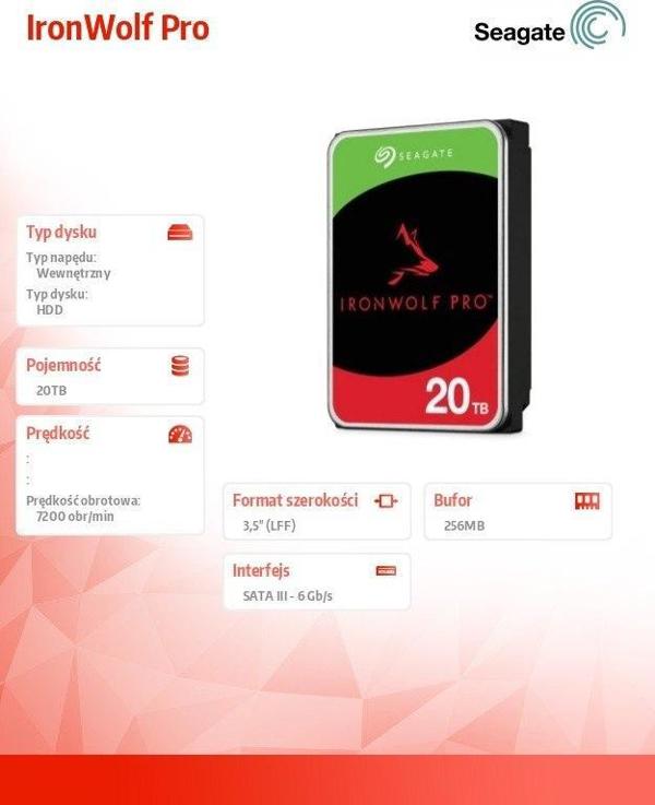 Dysk serwerowy Seagate IronWolf Pro 20TB 3.5'' SATA III (6 Gb/s)  (ST20000NE000)
