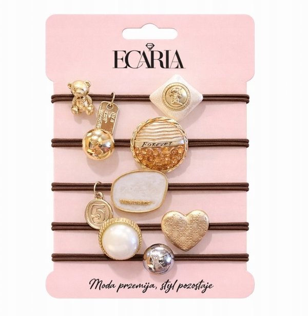 ECARLA Σετ λαστιχάκια μαλλιών frotte 5 σε 1, Καφέ με πέτρες, Χρυσή Καρδιά GUM184