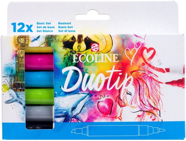 EcoLine Duotip Μαρκαδόροι Basic, Σετ 12 Χρωμάτων - Διπλής Μύτης