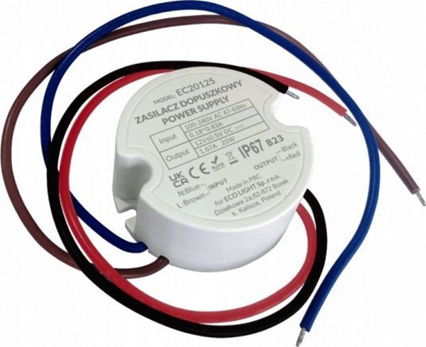 Τροφοδοτικό LED ECOLIGHT2 Eco Light, 20W, 12V, 1.67A, IP67, για Χωνευτό Κουτί Φ60, 50x50x22mm, EC20125