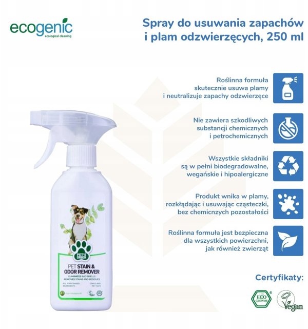 ECOGENIC Pets Green Spray για αφαίρεση οσμών και λεκέδων από ζώα, 250 ml