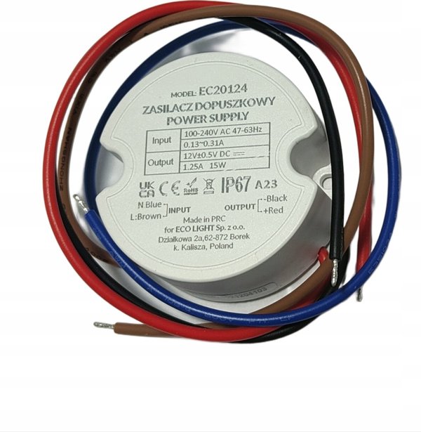 ECOLIGHT2 Τροφοδοτικό LED για Κουτί 15W 12V 1.25A IP67, 50x50x22mm, EC20124