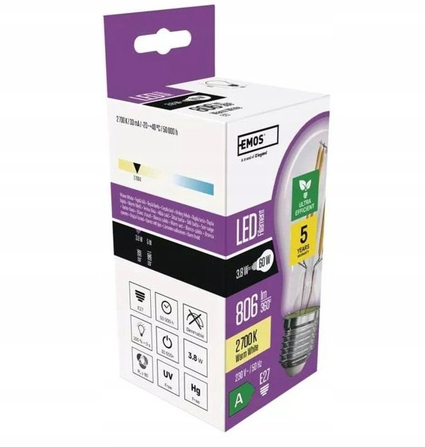 Λάμπα LED Filament Emos A60 E27 3.8W (60W) 806lm Θερμό Λευκό - Κλάση Α, 5 Χρόνια Εγγύηση