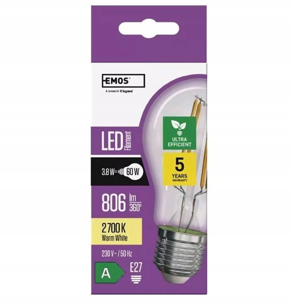 Λάμπα LED Filament Emos A60 E27 3.8W (60W) 806lm Θερμό Λευκό - Κλάση Α, 5 Χρόνια Εγγύηση