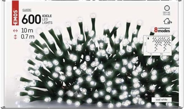 Emos Σετ Χριστουγεννιάτικα κρεμαστά XMAS icicle διάφορες λειτουργίες 9W 600LED 10m IP44 ψυχρό λευκό ZY1448