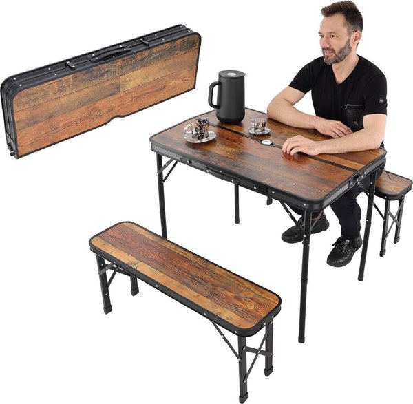 Enero Πτυσσόμενο τραπέζι κάμπινγκ 90x60x70cm και 2 πάγκοι 87x23x39cm ξύλο