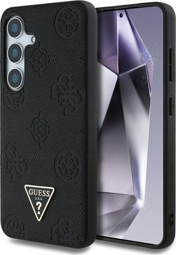 Θήκη Guess Grained Hot Stamp Peony Pattern Triangle Logo MagSafe για Samsung Galaxy S25 μαύρο